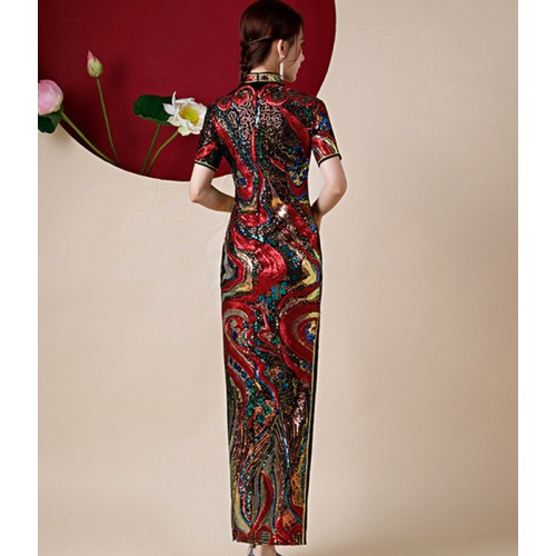 Women Rainbow Sequined Chinese dresses retro oriental Qipao dresses miss etiquette catwalk show cheongsam singers host stage performance evening party dresses